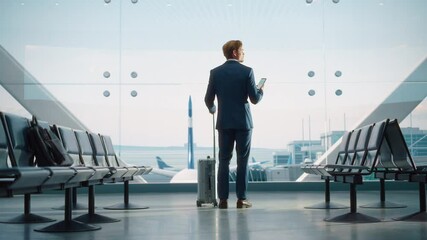 Airport Terminal: Businessman with Rolling Suitcase Walks, Uses Smartphone App for e-Business. Back View of Traveling Man Waiting for a Flight in Boarding Lounge of Airline Hub with Airplanes Arriving - Powered by Adobe