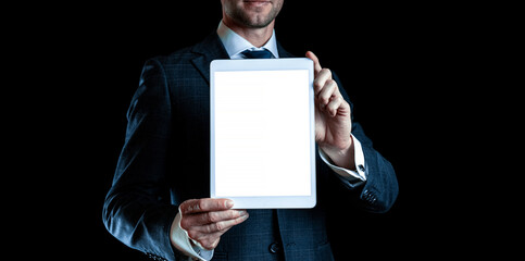 Screen mockup. Empty blank tablet in businessman hand. Mock up screen smart device isolated on...