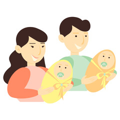 Vector illustration of a young family with two children in their arms. Happy loving family. Isolated
