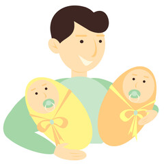 Vector illustration of a young father with twins in his arms. Happy father and children. Isolated.