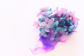 Fototapeta Creative image of pink and turquoise Hydrangea flowers on artistic ink background. Top view with copy space obraz
