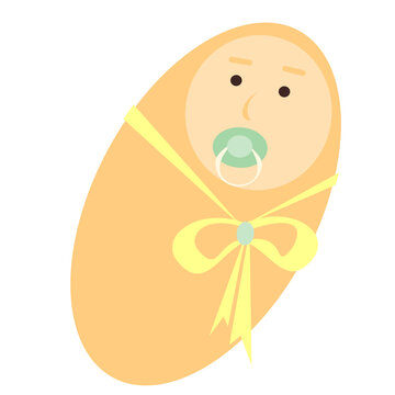 Vector illustration of a funny baby in a diaper with a bow. Newborn with a pacifier in the mouth. Isolated