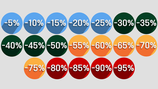 Solde &eacute;tiquette des pourcentages de 5% &agrave; 95% rond avec ombre en vecteur