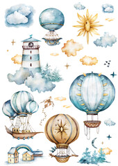 Watercolor collection with air balloons,bunting flags and clouds in pastel colours.Handpainted air ballons beautifully decorated on white background,pastel clouds and multicolored flags.Watercolor set - 478183657
