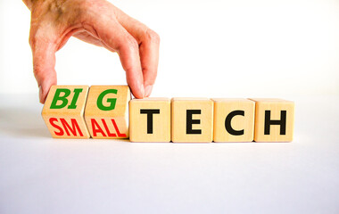 Big or small tech symbol. Businessman turns wooden cubes and changes concept words small tech to...