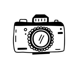 Hand drawn minimal cartoon illustration of outline camera. Cute doodle simple line art. Flat vector photography device sticker, icon or print. Isolated on white background.