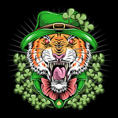 tiger ST. Patrick's Day wears a coat and hat with clover leaves