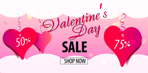 Fototapeta na wymiar Valentine's day discount banner with hearts and clouds
