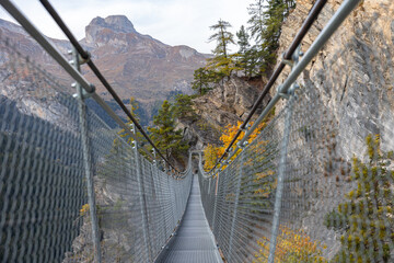 Swiss alps landscape. Metal suspension bridge in the middle of mountains. Autumn colors. Walking trail in nature. Outdoor adventure experience. Green forest valley landscape. Low point of vision.
