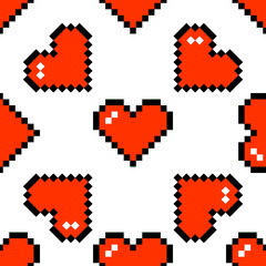 Red heart shape pixel art seamless pattern