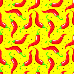 Red spicy chili pepper vegetables on yellow background seamless pattern. Vector illustration.