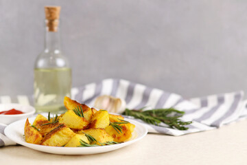 Fried potatoes with garlic and rosemary in a white plate. Concept: food for Christmas and New Year, for the holiday. Selective focus, copy space.