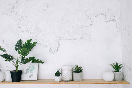 Large white wall in the center of the place for text. Wooden table with plants in a pot, frame, candle, deor.
