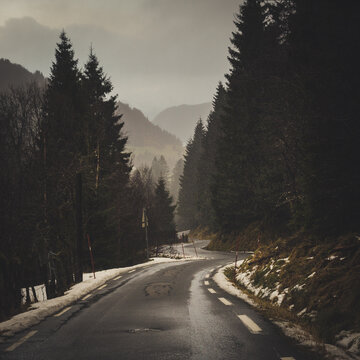 Norwegian Winter Road Through The Forest Landscape