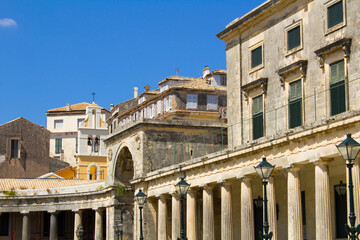 Street view, old town houses and retro lanterns. Kerkyra. Corfu. Greece.