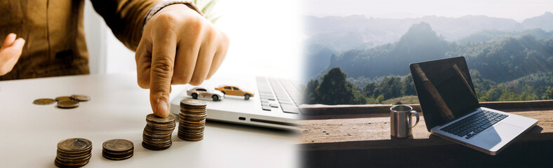 Businesswoman hand working digital marketing media in virtual screen with mobile phone and modern...