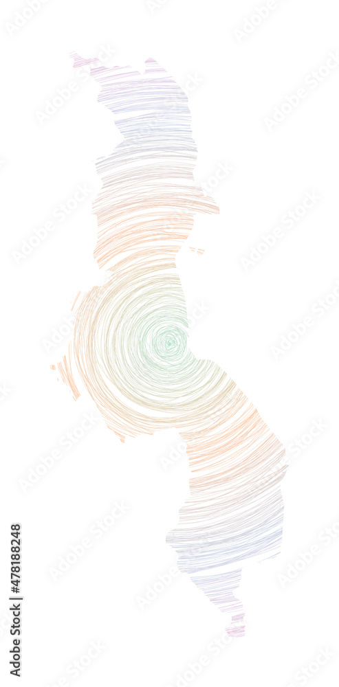 Poster malawi map filled with concentric circles. sketch style circles in shape of the country. vector illu