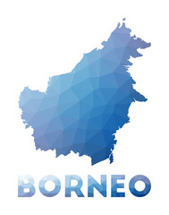 Low poly map of Borneo. Geometric illustration of the island. Borneo polygonal map. Technology, internet, network concept. Vector illustration.