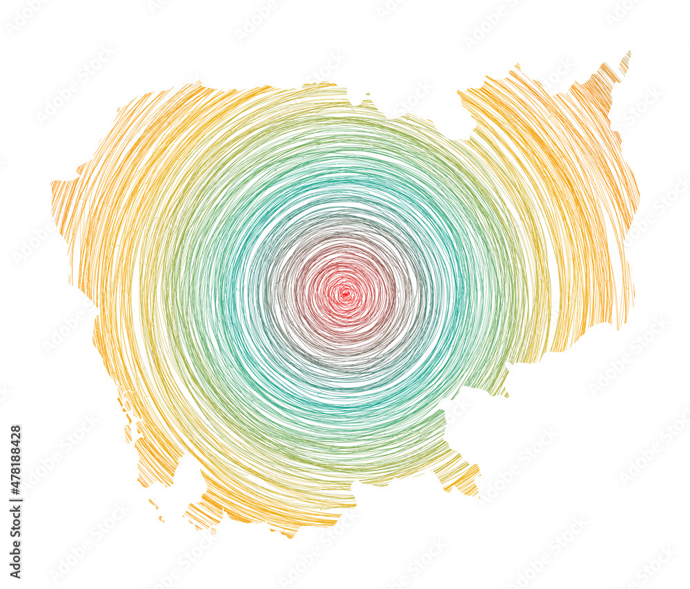 Poster cambodia map filled with concentric circles. sketch style circles in shape of the country. vector il