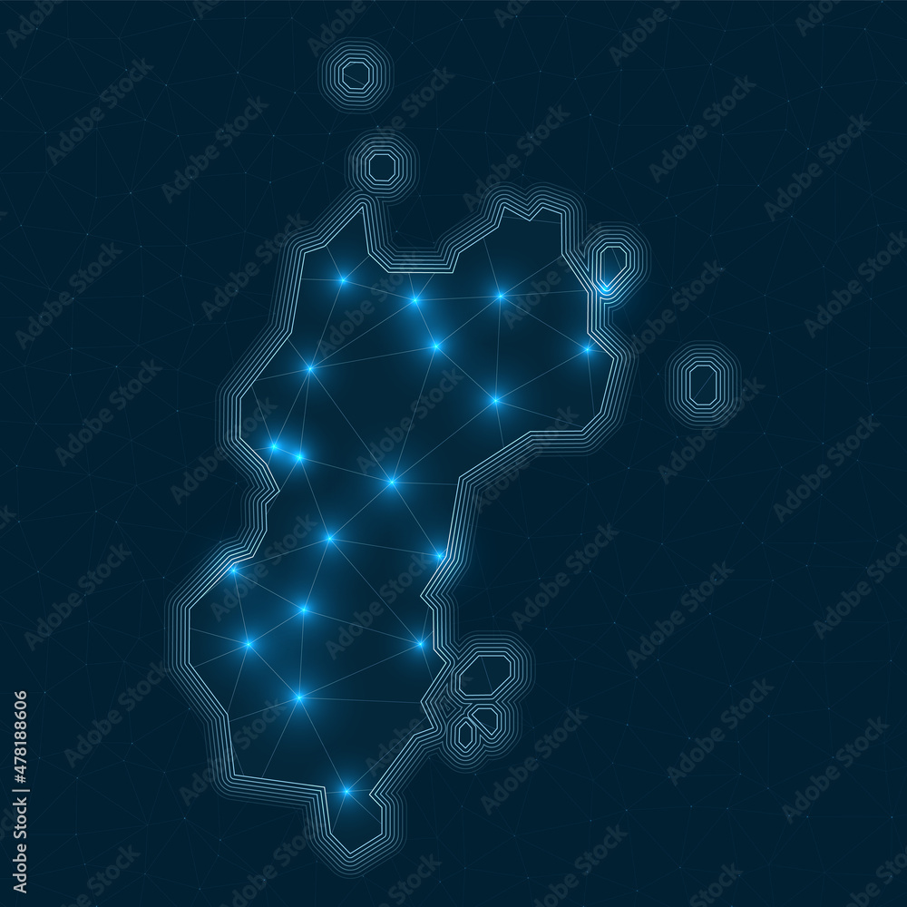 Poster mustique network map. abstract geometric map of the island. digital connections and telecommunicatio