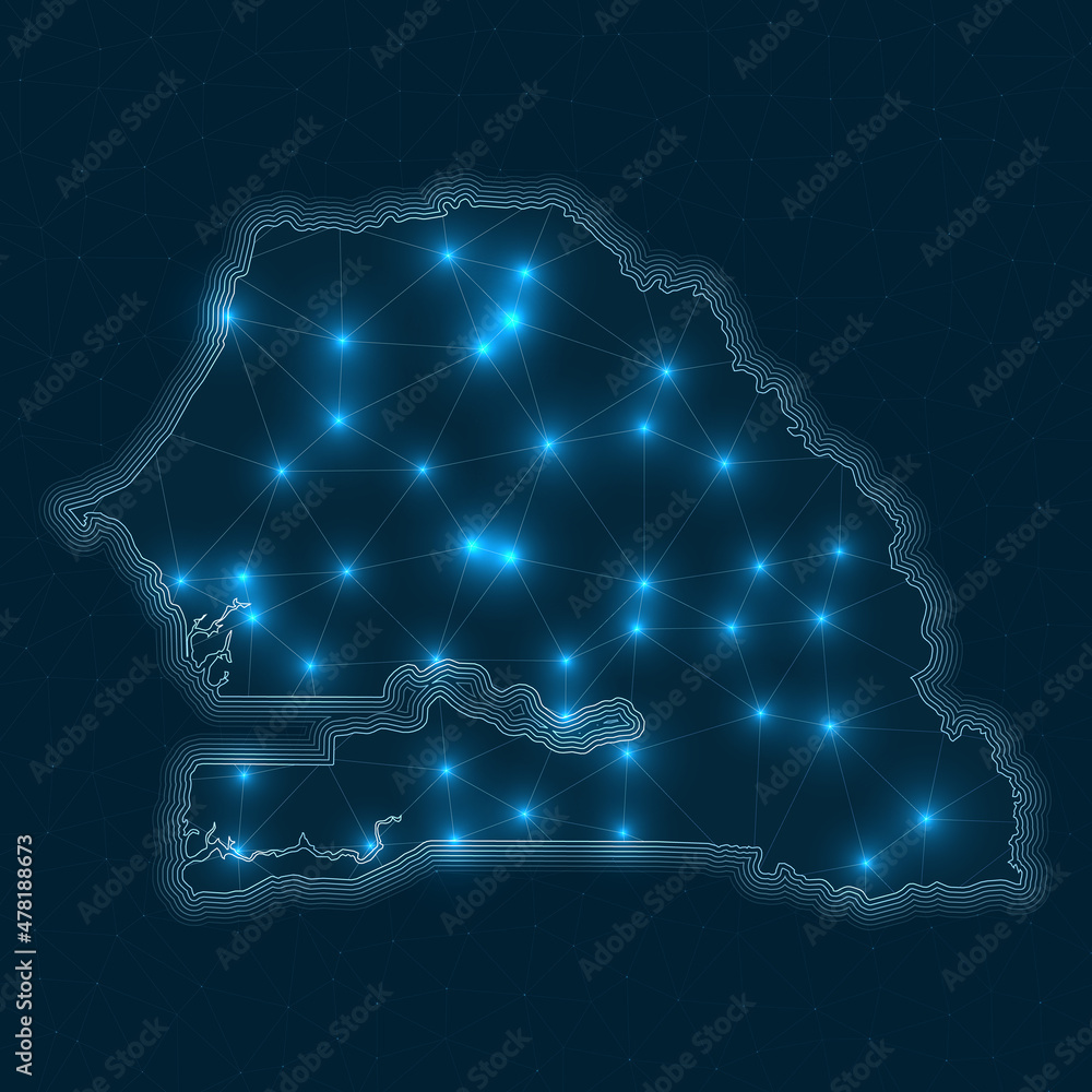 Poster senegal network map. abstract geometric map of the country. digital connections and telecommunicatio