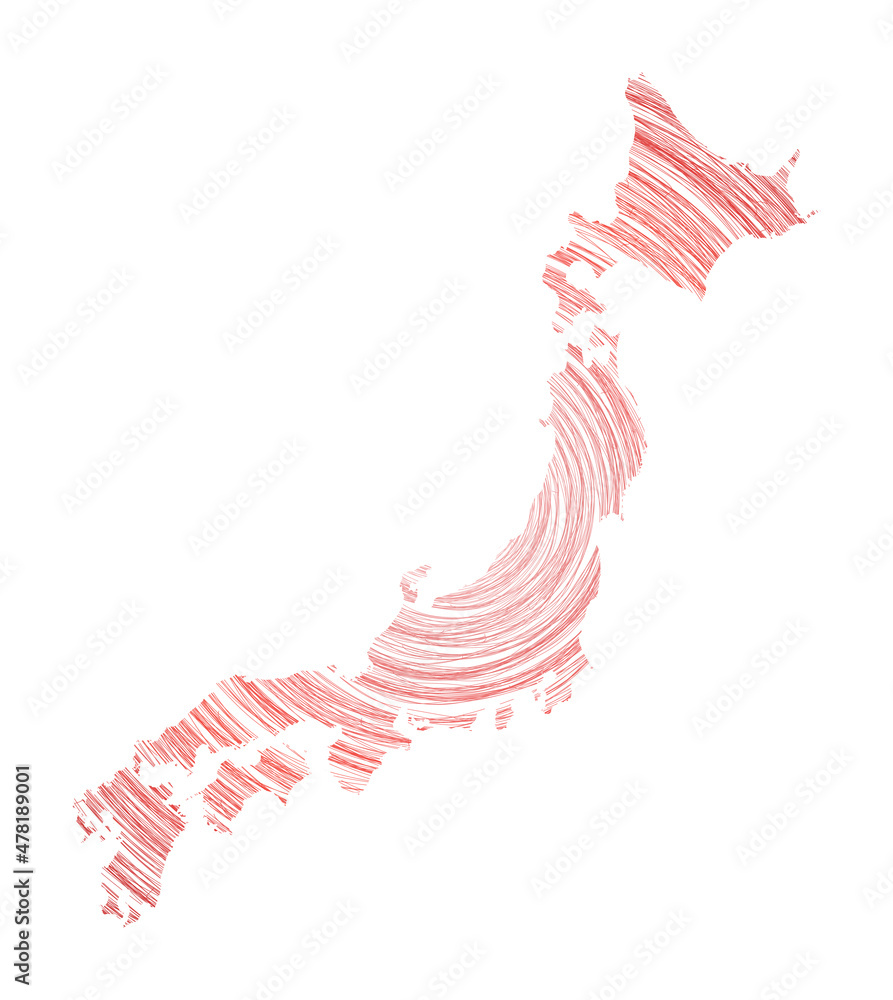 Poster japan map filled with concentric circles. sketch-style circles in the shape of the country. vector i