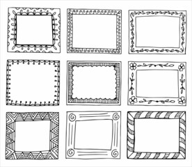 Set of rectangular frames in hand drawn doodle style