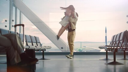 Airport Terminal Family Reunion: Caring Father Meets His Cute Little Daughter and Beautiful Wife at the Boarding Lounge of Airline Hub. He Picks Up and Dances with Lovely Child and Hugs His Partner - Powered by Adobe
