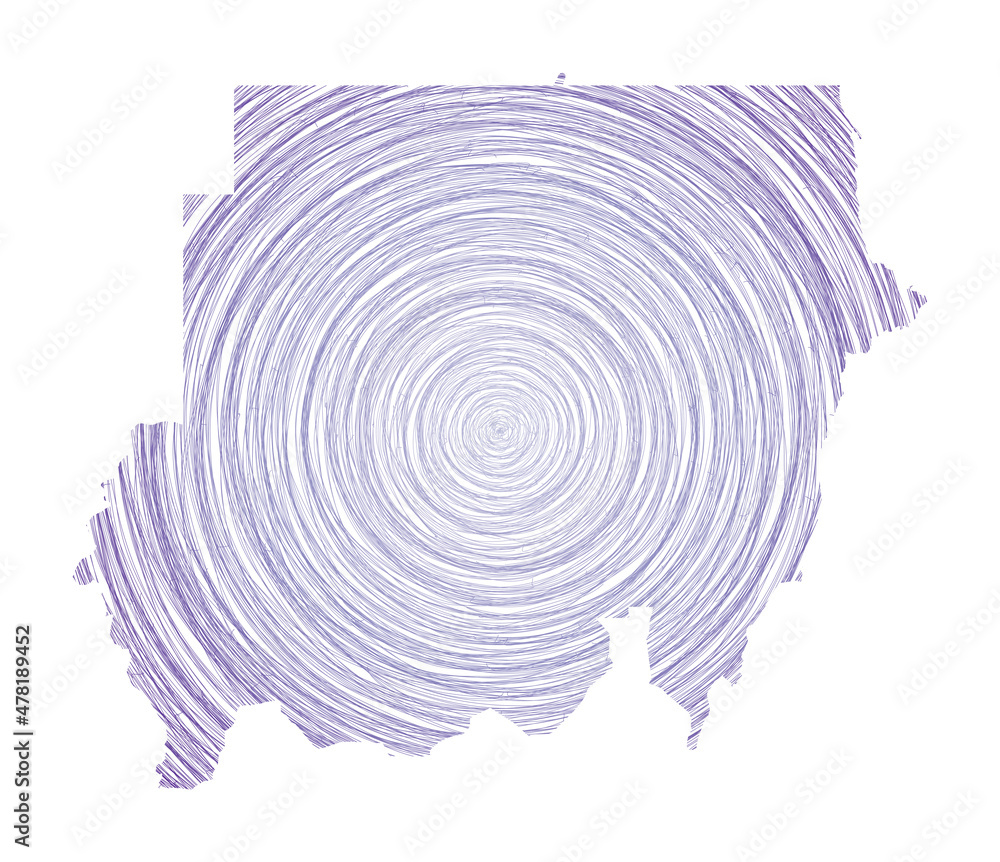 Poster sudan map filled with concentric circles. sketch-style circles in the shape of the country. vector i
