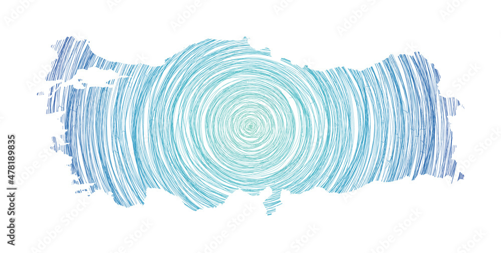 Poster turkey map filled with concentric circles. sketch style circles in the shape of the country. vector 