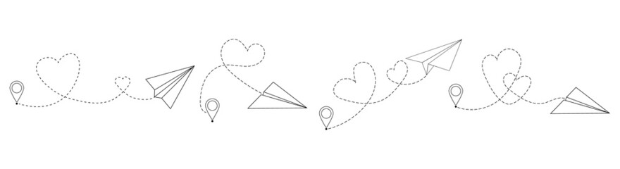 Flying paper airplane with dotted air route and map pointer.Paper planes with a hearts.Valentines Day.Love travel route.Airplane line path icon .Heart shaped dotted line.Line vector icon. © Tally 18