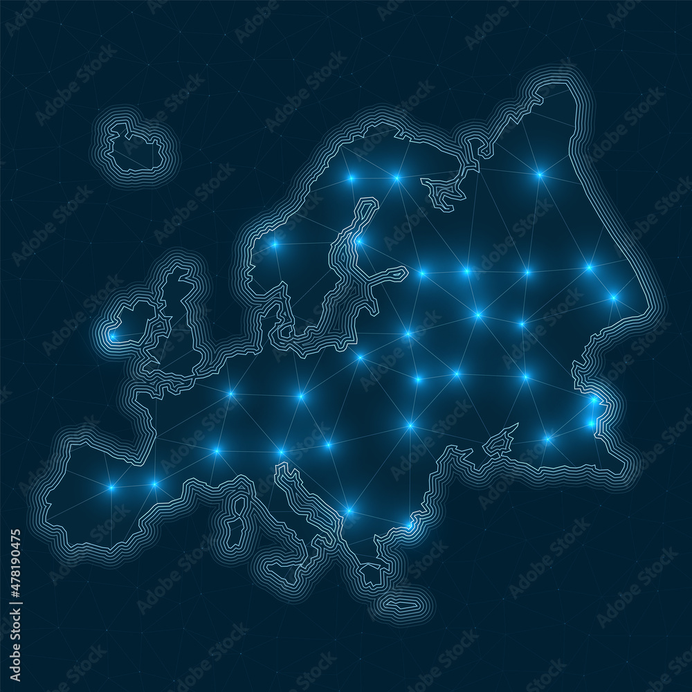 Poster europe network map. abstract geometric map of the continent. digital connections and telecommunicati