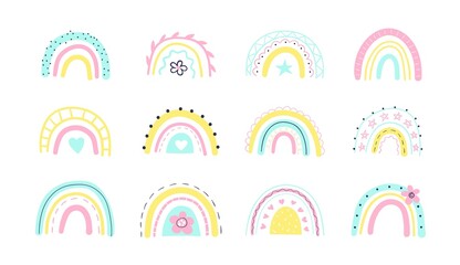 Set of bright rainbows isolated on white background. Vector illustration.