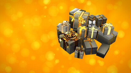many present boxes for black friday sale on orange backdrop - object 3D illustration