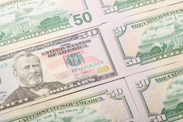 Fragments close-up fragment of fifty dollar bill.