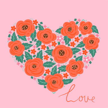 Postcard or poster with a heart of roses. Vector graphics.