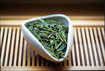 Chinese green tea Dragon Well in Tea presentation vessel, macro