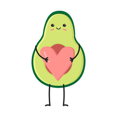 Vector flat hand drawn avocado with heart isolated on white background