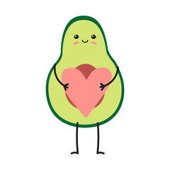 Vector flat hand drawn avocado with face and heart isolated on white background