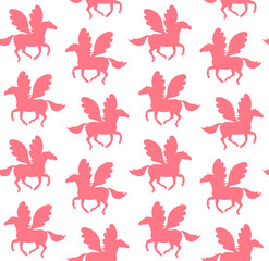 Vector seamless pattern of flat pegasus silhouette isolated on white background