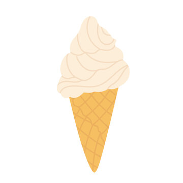 Vanilla ice cream in a waffle cone. Sweet, cold product for summer. Vector illustration in cartoon style. Isolated on white background.
