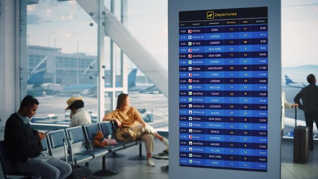 Airport Terminal: Arrival, Departure Information Display Showing all the Useful Flight Data For Travelers. Backgrond: Diverse Crowd of People Wait for their Flights in Boarding Lounge of Airline Hub
