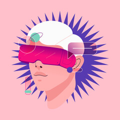 Metaverse or virtual reality concept. Man in digital glasses. Modern technological entertainment. Trendy vector illustration.