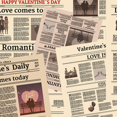 Valentine's day newspaper seamless pattern. Background with title header, unreadable text, retro. Vector illustration vintage