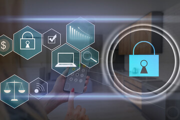 Person using a laptop computer with technology cybersecurity and privacy concept. protection and safe data for global network security