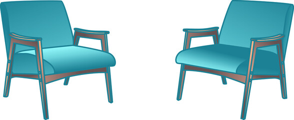 Two armchairs with blue upholstery in the style of the 1960s. Vector color image.
