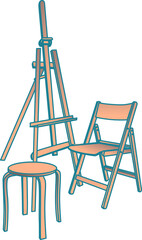 Easel, wooden chair and wooden stool. Equipment for the artist. Vector color illustration.