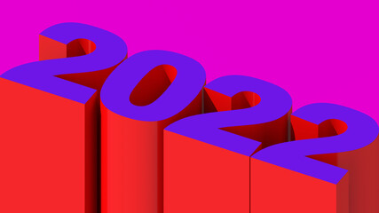 Violet and red numbers 2022. Typography design. Abstract illustration, 3d render.