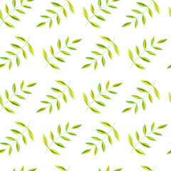 Seamless watercolor floral pattern - green leaves and branches composition on white background