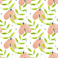 Seamless watercolor floral pattern with green leaves and butterflies on white background